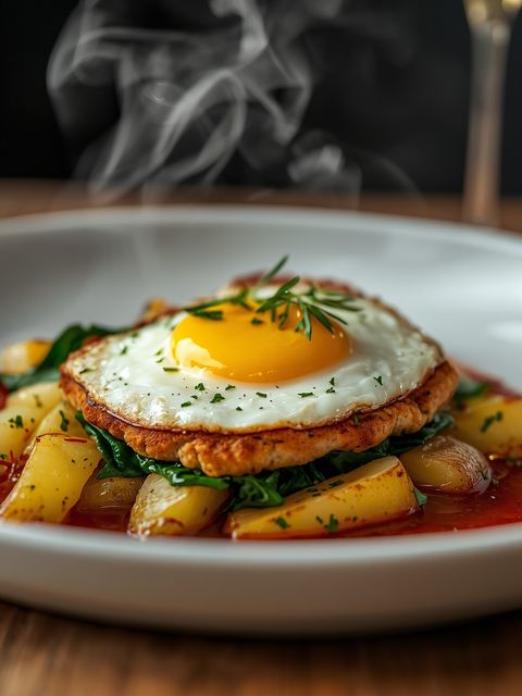 Schnitzel with Egg, Spinach, and Potatoes