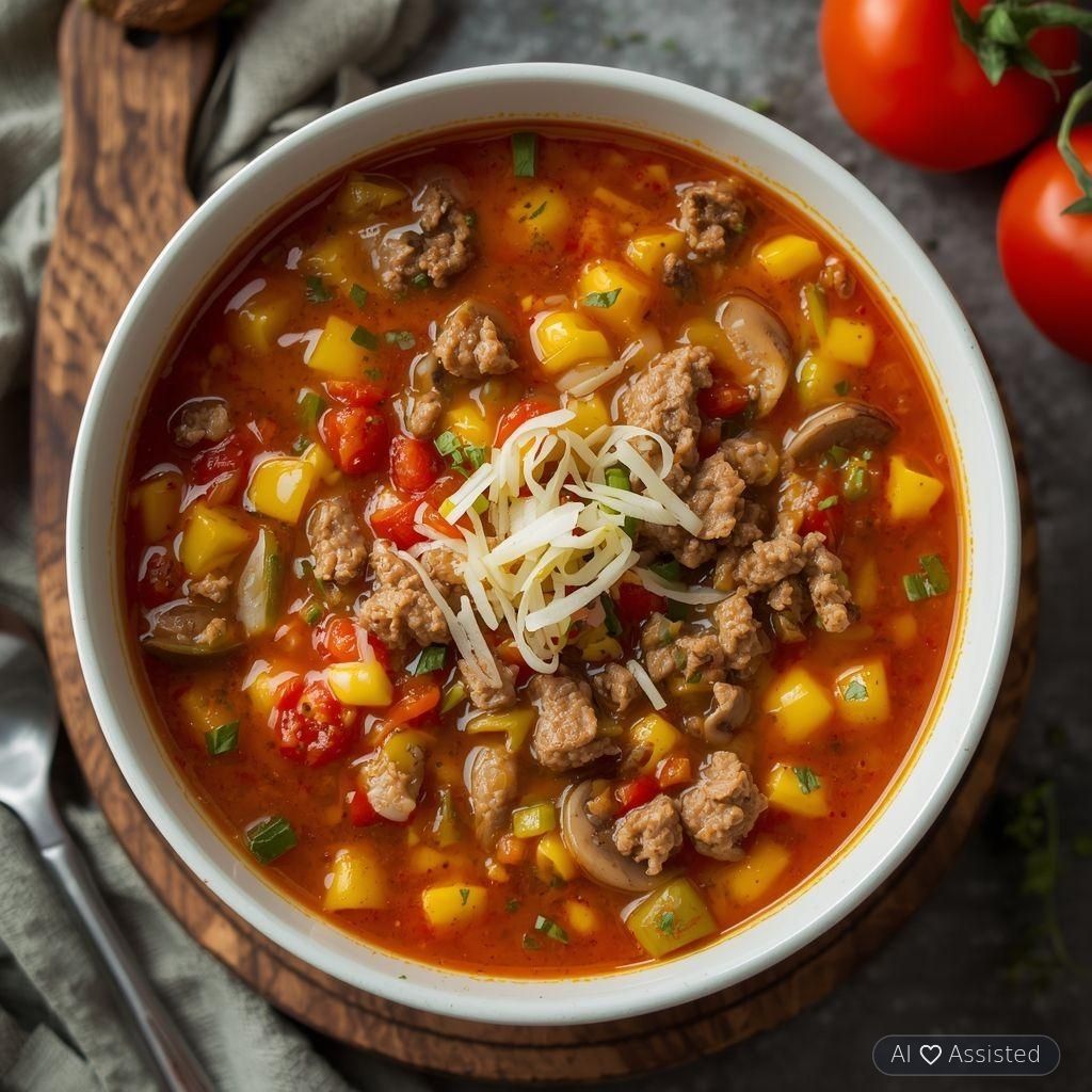 Suppe mit Hackfleisch und Paprika