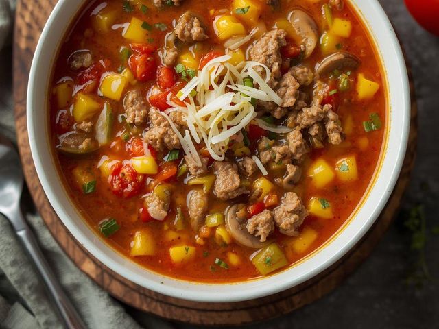 Suppe mit Hackfleisch und Paprika
