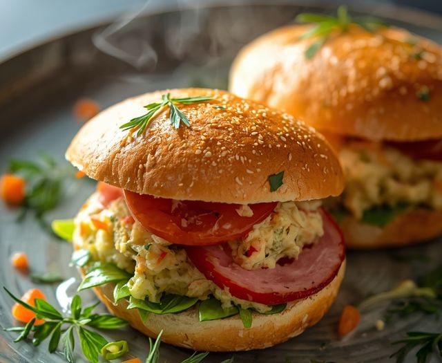 Sandwiches with ham, pepper salad and herb marinade