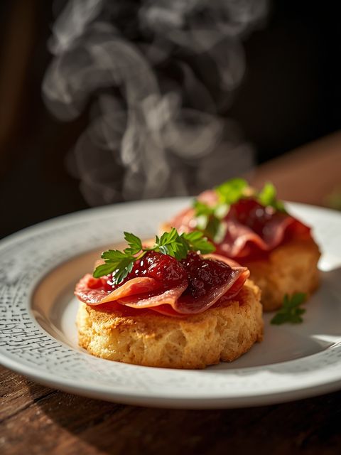 Crispbread with raspberry jam and salami