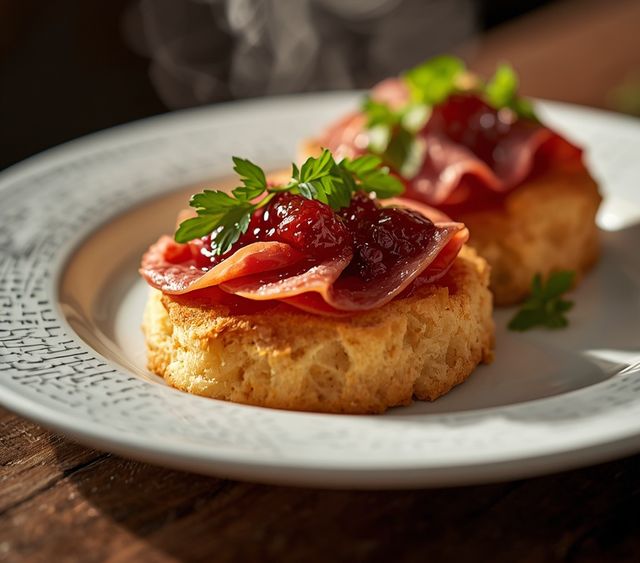 Knäckebrot mit Himbeermarmelade und Salami