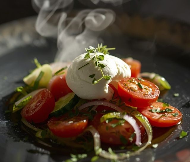 Tomaten-Gurken-Salat mit Emmentaler und Vanillejoghurt