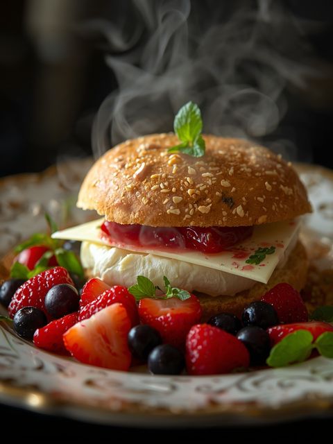 Vollkornbrötchen mit Käse und Erdbeermarmelade und Erdbeer-Himbeer-Johannisbeer-Obstsalat
