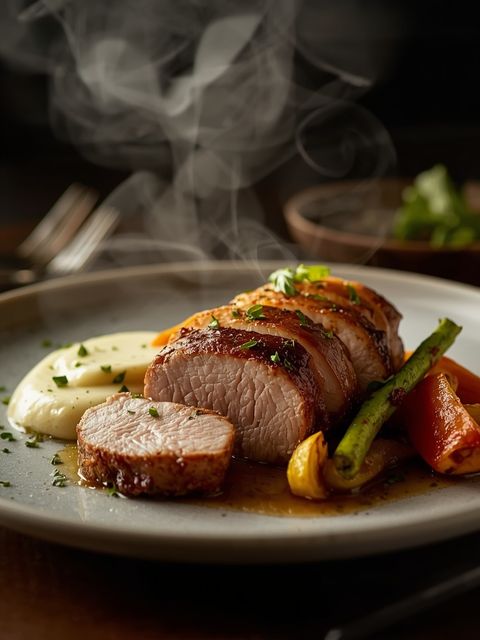 Herb pork loin with vegetables and vanilla pudding
