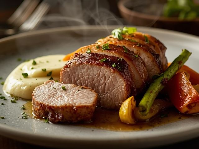 Herb pork loin with vegetables and vanilla pudding