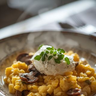 Scrambled eggs with mushrooms and pear-cinnamon cottage cheese