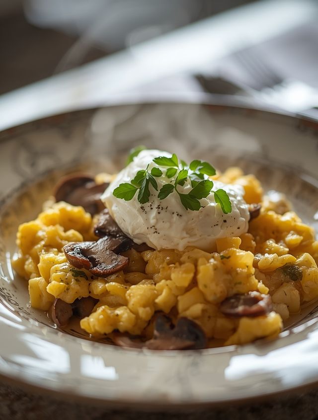 Rührei mit Champignons und Birnen-Zimt-Hüttenkäse