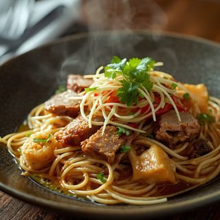 Pan with Asian sprouts, noodles and pork tenderloin