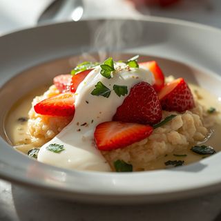 Oatmeal with strawberries and apple-yogurt sauce