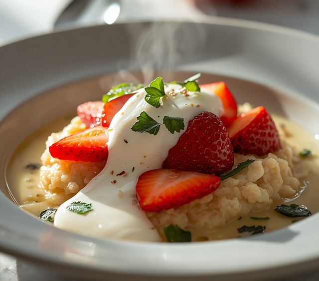 Oatmeal with strawberries and apple-yogurt sauce
