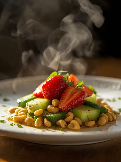 Cucumber salad with pine nuts and strawberry dessert