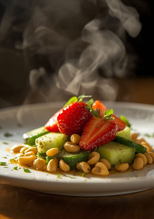 Gurkensalat mit Pinienkernen und Erdbeerdessert