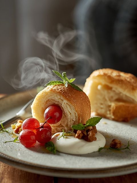 Bułka z serem gouda i winogronami, jogurt z orzechami włoskimi