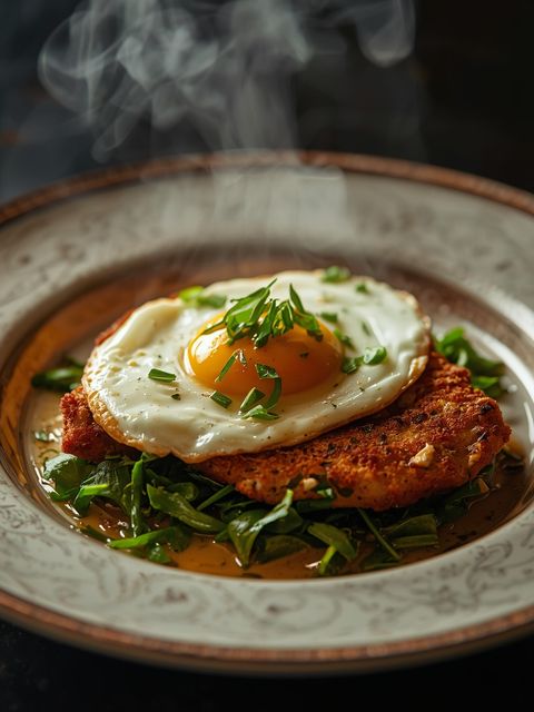 Schnitzel with Fried Egg and Spinach