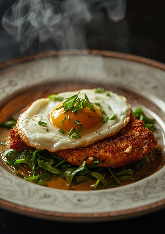 Schnitzel with Fried Egg and Spinach