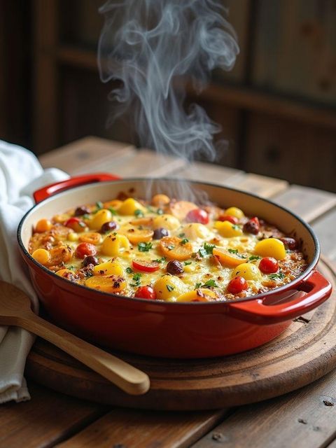 Vegetarian potato and vegetable casserole with egg and cheese