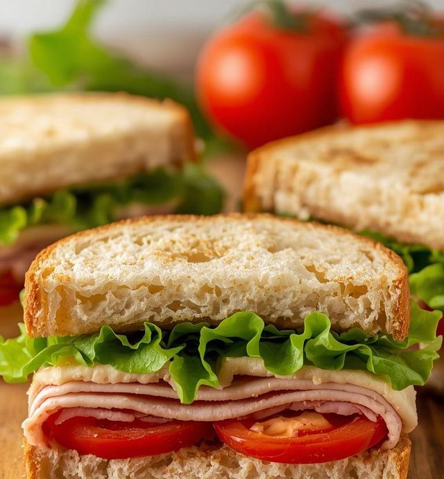 Sandwiches mit Puten-Schinken, Salat und Tomaten