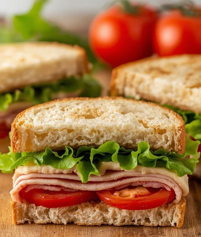 Sandwiches mit Puten-Schinken, Salat und Tomaten