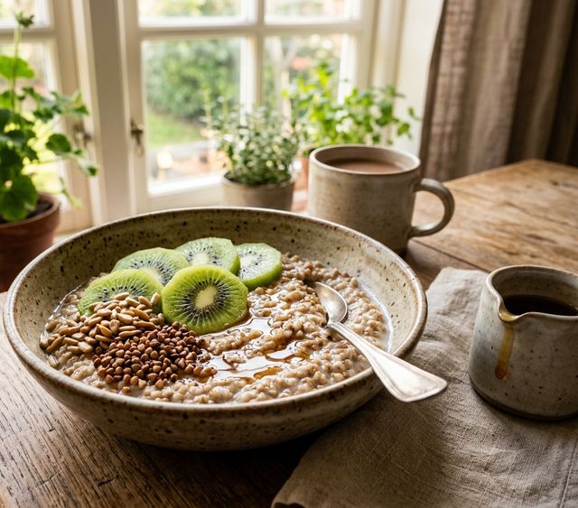 Creamy buckwheat bowl with fresh kiwi and toasted sunflower seeds