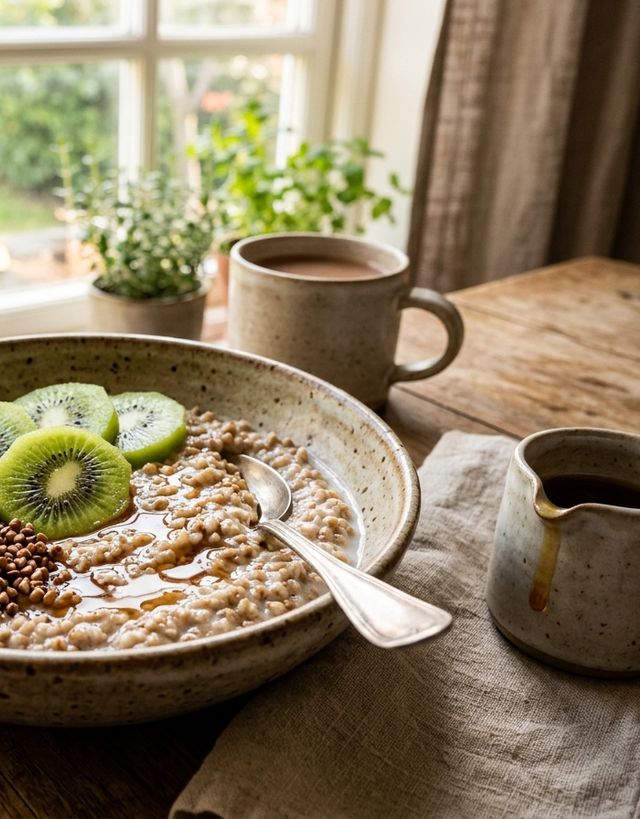 Creamy buckwheat bowl with fresh kiwi and toasted sunflower seeds