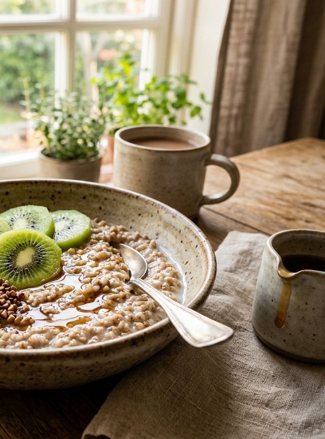 Creamy buckwheat bowl with fresh kiwi and toasted sunflower seeds