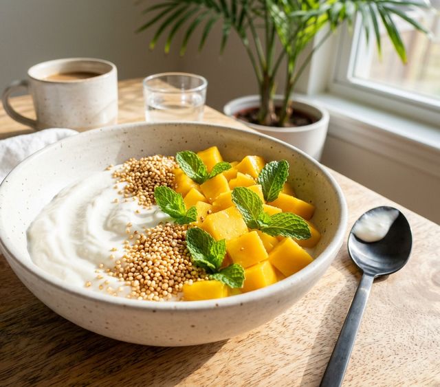 Creamy coconut yogurt bowl with sun-ripened mango and popped amaranth