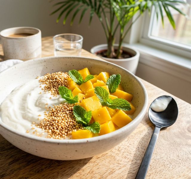 Creamy coconut yogurt bowl with sun-ripened mango and popped amaranth