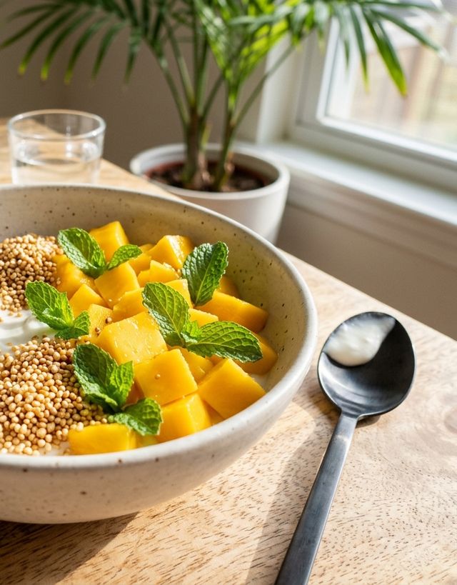Creamy coconut yogurt bowl with sun-ripened mango and popped amaranth