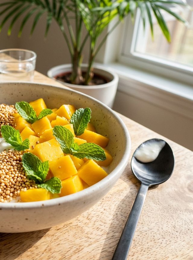 Creamy coconut yogurt bowl with sun-ripened mango and popped amaranth