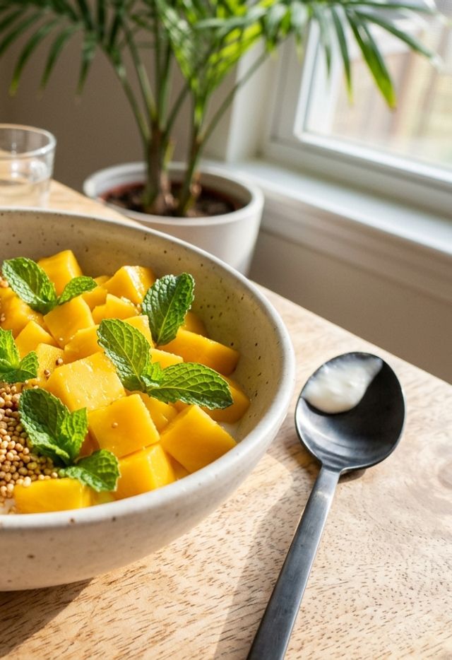 Creamy coconut yogurt bowl with sun-ripened mango and popped amaranth