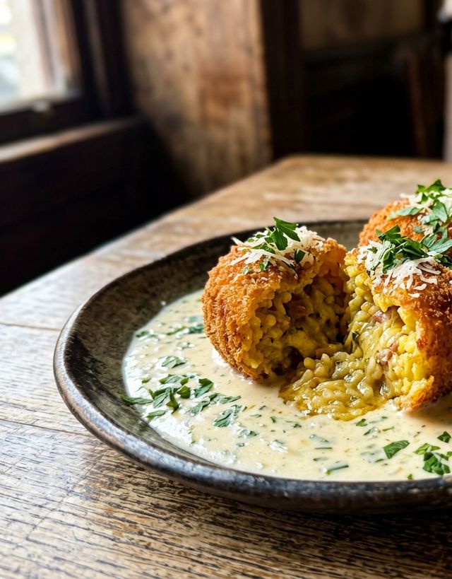 Crispy Parmesan Rice Croquettes in Creamy Herb Venetian Sauce