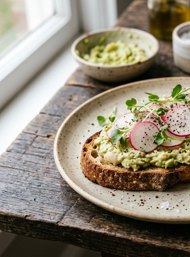 Crispy rye toast with creamy white bean and avocado spread