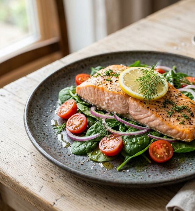 Gebackenes Lachsfilet auf Babyspinat, Tomaten und roten Zwiebeln