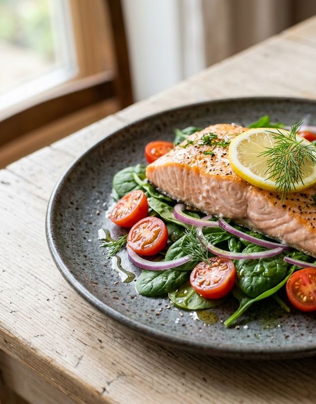 Foil-Baked Salmon Fillet over Fresh Baby Spinach, Tomato, and Red Onion Salad