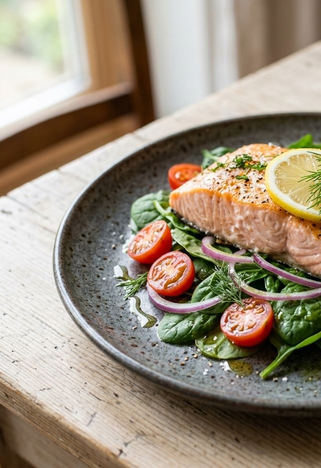 Pieczony w folii filet z łososia na sałatce ze szpinaku baby, czerwonej cebuli i pomidorów