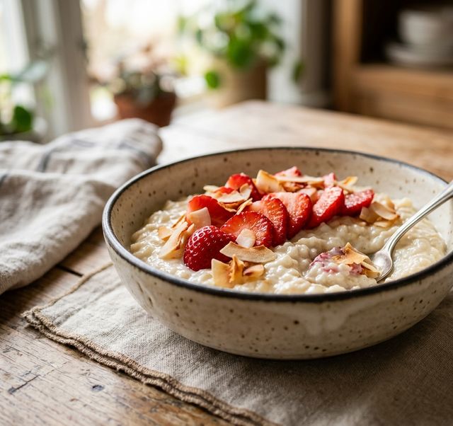 Fresh Strawberries on Creamy Coconut Rice with Toasted Flakes