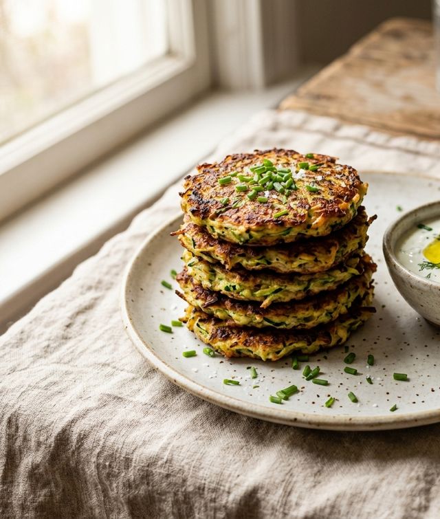 Golden baked zucchini fritters with herb garlic dip