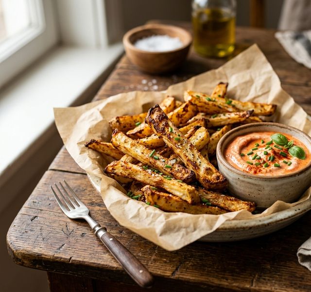 Goldbraune Sellerie-Pommes aus dem Ofen mit Tomaten-Joghurt-Dip