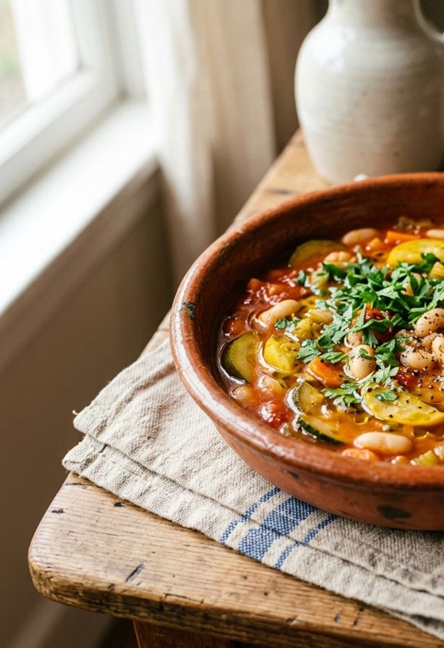 Mediterraner weißer Bohneneintopf mit Zucchini und Tomaten