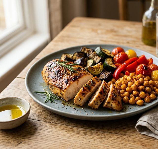 Honey-Glazed Baked Chicken Breast with Chickpeas, Zucchini, and Roasted Eggplant