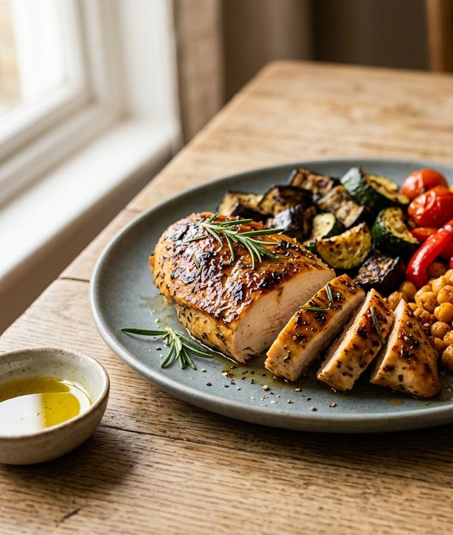Mit Honig glasierte Hähnchenbrust aus dem Ofen mit Kichererbsen, Zucchini und Aubergine