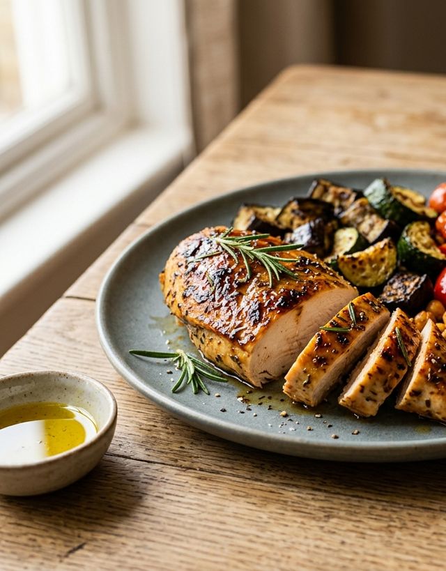 Mit Honig glasierte Hähnchenbrust aus dem Ofen mit Kichererbsen, Zucchini und Aubergine