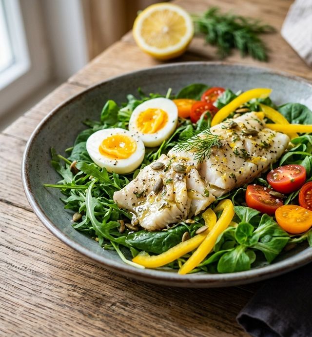 Nutrient-Rich Salad with Baked Cod, Hard-Boiled Egg and Lemon Dressing