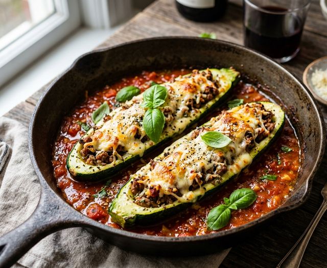 Oven-baked stuffed zucchini boats in rich herb-infused tomato sauce