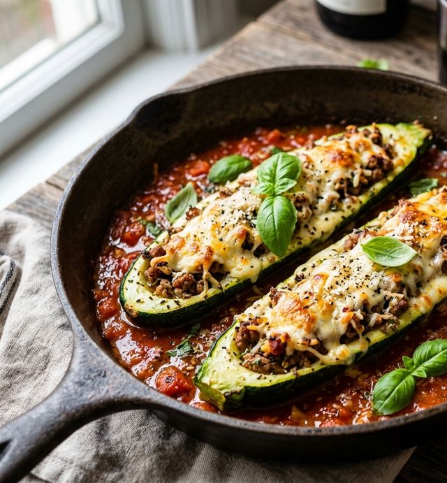 Oven-baked stuffed zucchini boats in rich herb-infused tomato sauce