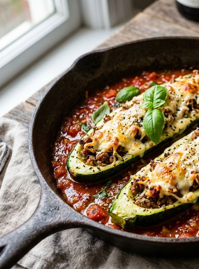 Oven-baked stuffed zucchini boats in rich herb-infused tomato sauce