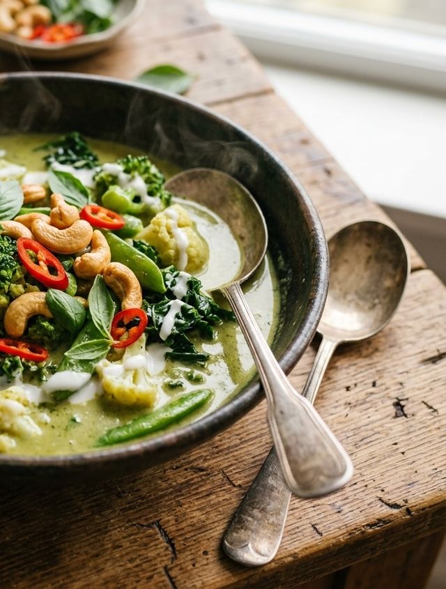 Quick Green Vegetable Curry with Broccoli, Cauliflower, Kale, and Toasted Cashews