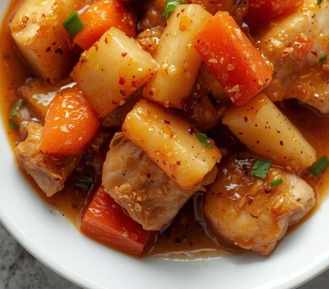 Süß-saures Hühnchen - Hähnchenfilets in süß-saurer Sauce mit Ananas, Karotten und Paprika