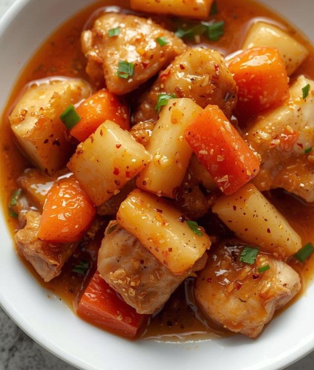 Süß-saures Hühnchen - Hähnchenfilets in süß-saurer Sauce mit Ananas, Karotten und Paprika